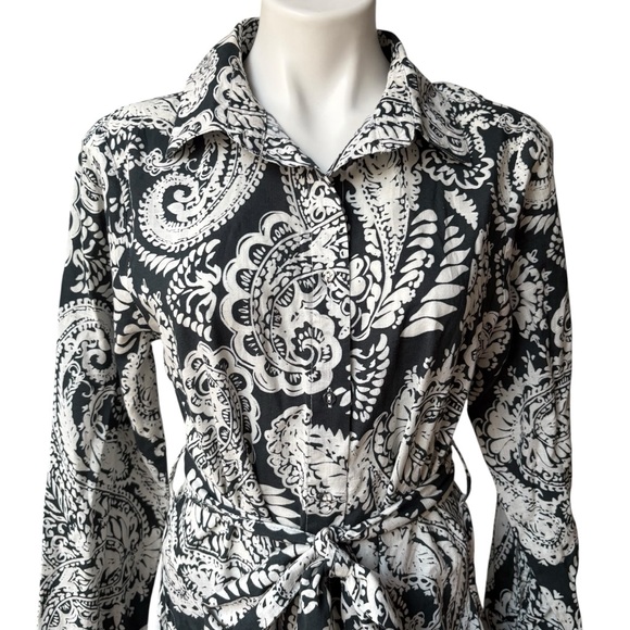 Uncle Frank Button Down Tie Waist Swing Shirtdress, Navy/White Paisley Print, Sm - Picture 7 of 15